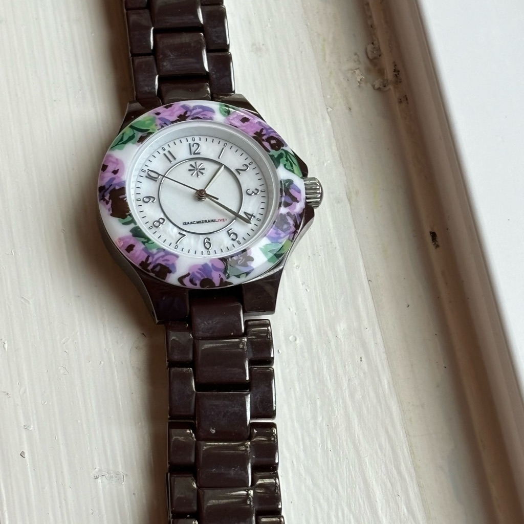Isaac Mizrahi Purple Ceramic Watch Floral Bezel